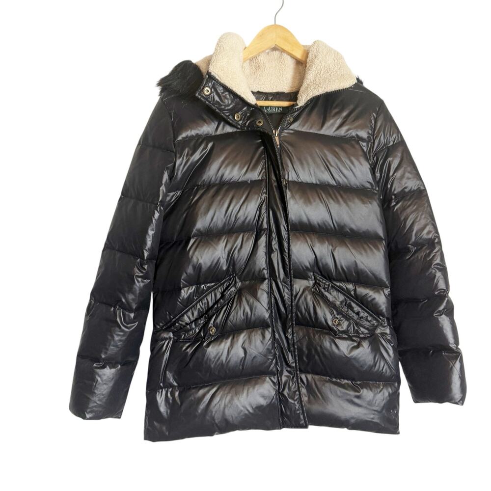 Lauren Ralph Lauren Black Sherpa Hooded Winter Down Fill Puffer Coat Size Medium